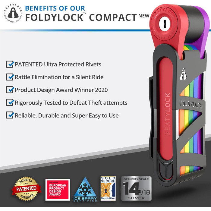 Складаний велосипедний замок FoldyLock Compact 85 см – високий рівень безпеки, з ключем і кріпленням, для електровелосипедів, самокатів та велосипедів