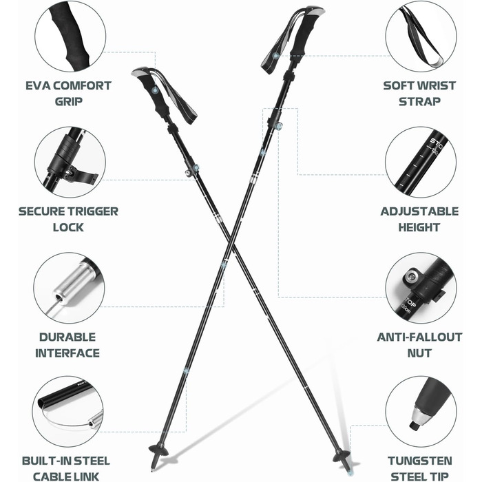 Палиці для скандинавської ходьби Vinabo жінки та чоловіки 2 шт. и Туристичні палиці Складні та туристичні палиці Телескопічні карбонові трекінгові палиці - Ультралегкі туристичні палиці з великою кількістю аксесуарів