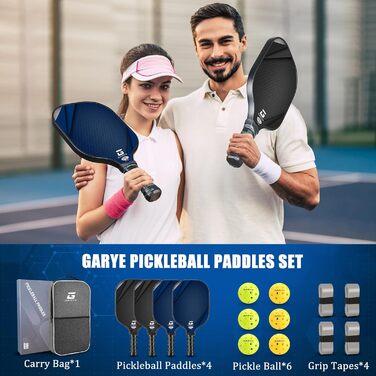 Набір ракеток GARYE Pickleball, 4 шт., вугл. волокно, 6 м'ячів, сумка