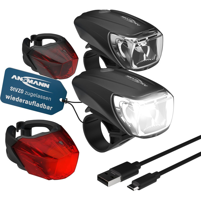 ANSMANN Набір велосипедних фар StVZO, CREE LED, 140 м, 35 Люкс, 170 Лм, IPX4, акумуляторні, USB, передня та задня фара
