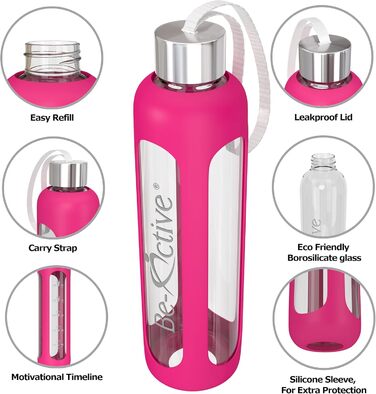 Скляна пляшка для води Be-Active 1000 мл з боросилікатного скла, BPA Free, з силіконовим чохлом, гаряче рожевий колір