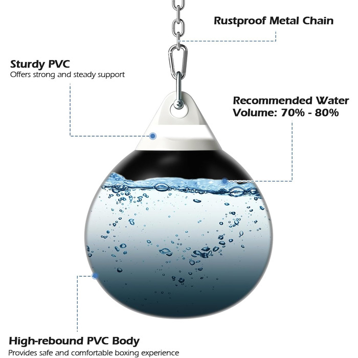Водна боксерська груша KOMFOTTEU, боксерська боксерська груша, тренувальна груша водонаповнювана 50 кг, боксерська груша Keeper Bag з водяним шлангом, металевим ланцюгом і карабіном, спеціальною боксерською грушею для дорослих молодь чорна