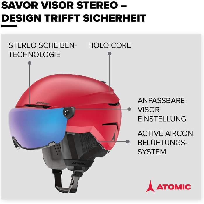 Стерео лижний шолом ATOMIC Savor Visor з козирком - Максимальна амортизація - Активна система вентиляції Aircon - Якісне дзеркальне покриття для чіткого зору Red S