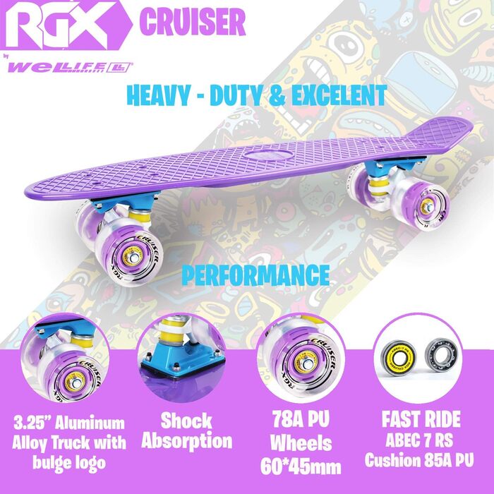 Скейтборд Mini Cruiser Series RGX Skate 22 дюйм 56 см для дітей та дорослих, Скейтборд з легкими колесами PU 78A Cruiser з підсвічуванням, Різнокольоровий, LED спалах ABEC-7