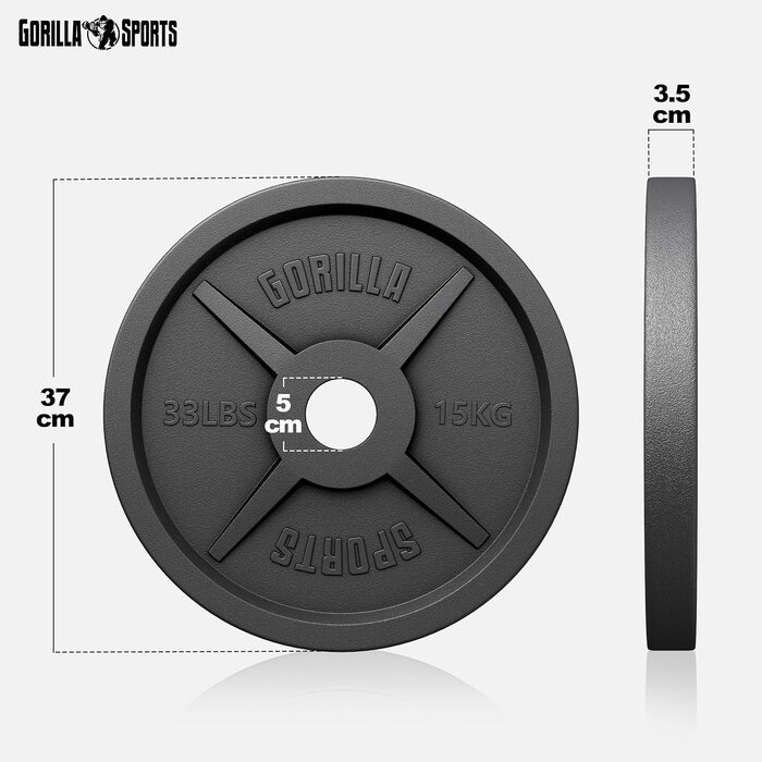 Олімпійські вагові пластини GORILLA SPORTS - 1,25 кг, 2,5 кг, 5 кг, 10 кг, 15 кг, 20 кг, 25 кг, 30 кг, отвір 50 мм, чавун, одинарний/комплект - вагові пластини, набір вагових пластин, гантелі (30 кг (2x15 кг))