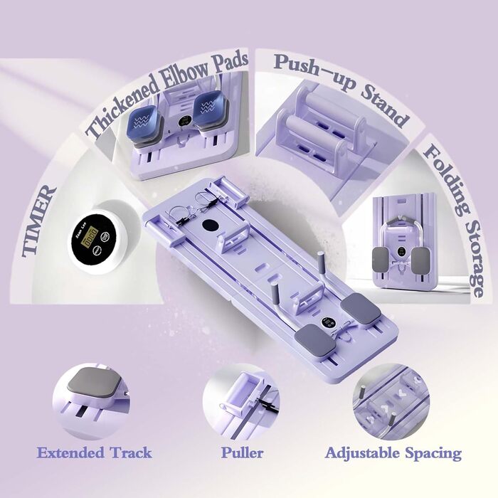 Складна дошка для пілатесу, портативний набір реформаторів для пілатесу, дошка для вправ Smart Timer Down з опорою для ліктів і стрічками опору, дошка для реформування пілатесу, роликове колесо, тренажер для черевної дошки фіолетовий