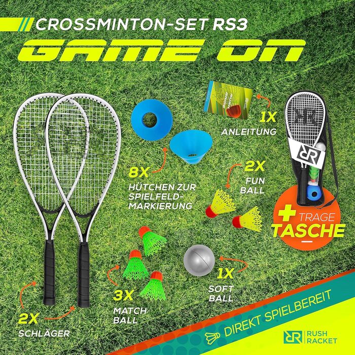 Набір ракеток Rush RS3 Speed Badminton Set 5 предметів (2 ракетки, 5 воланів, софтбол, 8 шт. розмітка поля, сумка для перенесення) Crossminton Set - Turbo Badminton Set - Швидкісний набір для бадмінтону (1-й білий)