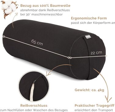 Рулон Bodhi Yoga Bolster Ø 22 см Рулет для йоги з органічною начинкою зі спельти Подушки для йоги для відновлювальної та інь-йоги Бавовняний чохол, який можна прати Подушка для пілатесу з ременем для перенесення (чорна)