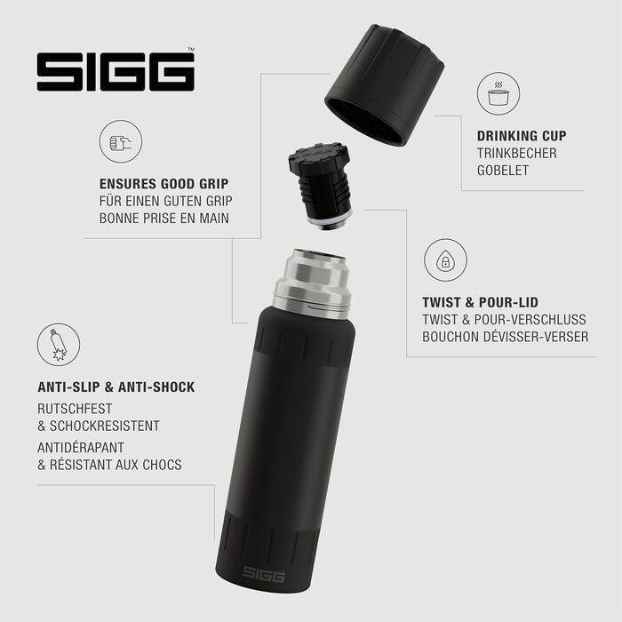 Термос SIGG Alpine Star 1 л, 27 годин гаряче, 100 годин холодне, з чашкою, нержавіюча сталь 18/8, для кемпінгу та подорожей, BPA-free, чорний, герметичний