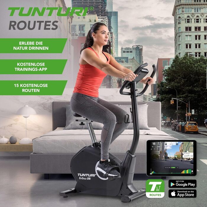 Велотренажер Tunturi FitCycle 50i/70i з LCD монітором Ергометр з додатком (Tunturi Routes & Zwift) Велосипед для домашнього тренажера на 32 кроки, датчик серцевого ритму, вантажопідйомність 150 кг (Tunturi Fitcycle 50i)