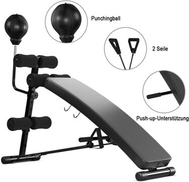 Лава COSTWAY сидячи з боксерським м'ячем, тренувальна лава регулюється по висоті, лава для фітнесу з мотузками, похила лава, вантажопідйомність до 100 кг, ідеально підходить для присідань, підйомів ніг і згинання на біцепс, чорний