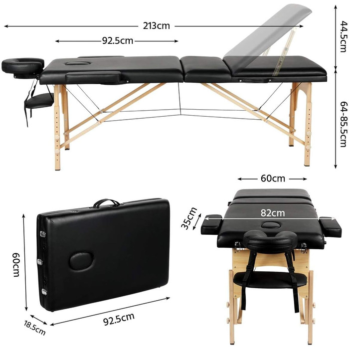 Зонний масажний стіл Yaheetech Портативна масажна лава з регульованим по висоті масажним столом з підголівником і знімними підлокітниками для фізіотерапії, (чорний), 3-