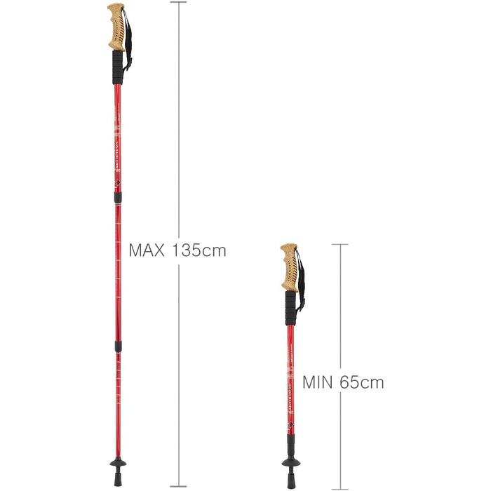 Телескопічні протиударні туристичні палиці MidGard Nordic Walking Pole з алюмінієвого сплаву з корковою ручкою та амортизацією регулюються по довжині 65-135 см (червоні, )