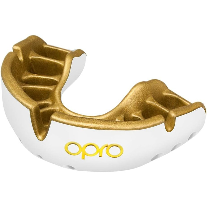 Маска для обличчя OPRO Gold Level, капа спортивна для дорослих і дітей, з чудовим комфортом для боксу, лакросу, ММА, бойових мистецтв, хокею та всіх контактних видів спорту (білий/золотий, дорослі (10))