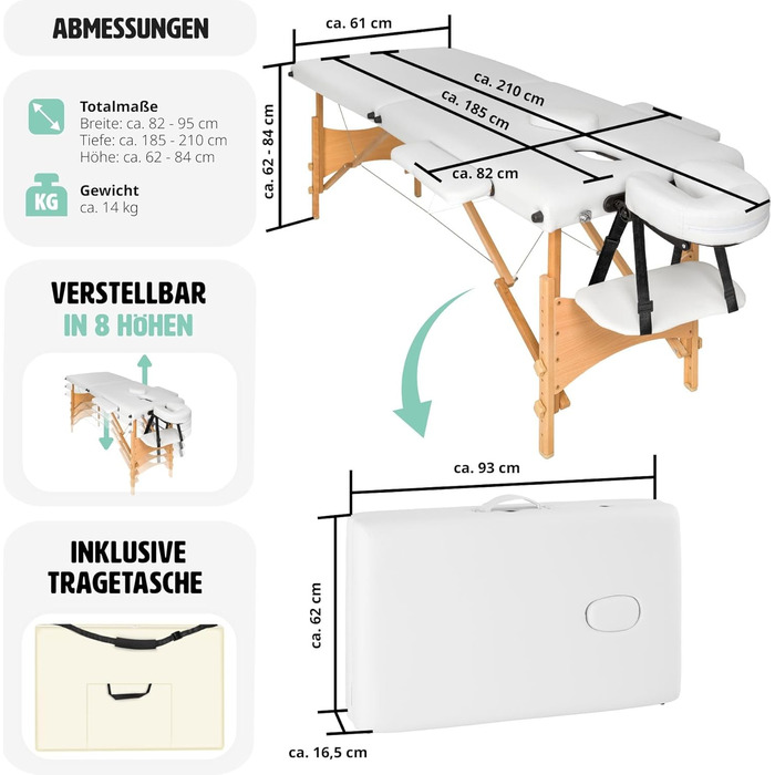 Масажний стіл TECTAKE 2 зони, масажний стіл складний, масажний стіл портативний з підкладкою 5 см, регульований по висоті, мобільний масажний стіл, масажна лава з дерев'яними ніжками та аксесуарами Сумка для перенесення - бежева (біла No 401464)