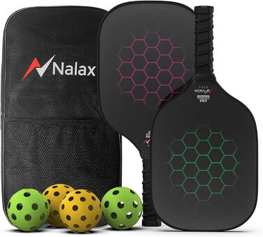 Піклбол ракетки Nalax з фібергласу та графіту, USAPA сертифікат, полімерний сердечник, комплект з 2 ракеток, 4 м'ячів і сумки для чоловіків і жінок