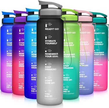 Пляшка для води ZORRI 900 мл, BPA-free, з мітками часу та вимірювання, легка, герметична, для спорту, школи, кемпінгу, чорний/сірий