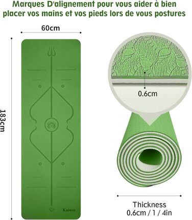Килимок для йоги KAINOS Нековзний TPE Екологічно чистий килимок для фітнесу Гімнастичний килимок Килимок для пілатесу з ременем/сумкою для перенесення 183 шт. 60,6 см (зелений)