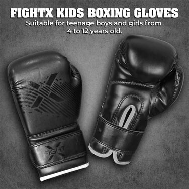 Дитячі боксерські рукавички FightX, 113 г, чорні, PU-шкіра, для тренувань і спарингів, для хлопчиків і дівчаток, MMA, комплект