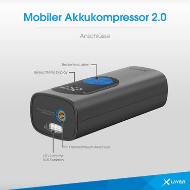 Електричний компресор XLayer 6000 мАг для авто, велосипедів, мотоциклів, матраців і м'ячів, з LED-ліхтариком, портативний, LCD-дисплей, тиск 2.0–10.0 бар, чорний/синій