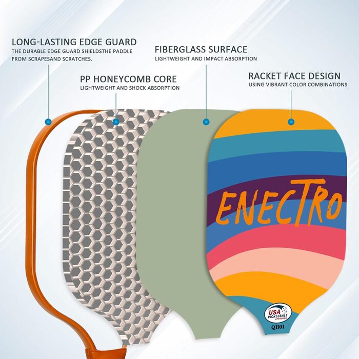 Набір ракеток для піклболу ENECTRO з 4 ракетками, 2 м'ячами для приміщення, 2 м'ячами для вулиці, 4 накладками на ручки, сумкою та ракетками з фібергласовим покриттям, USAPA сертифікат