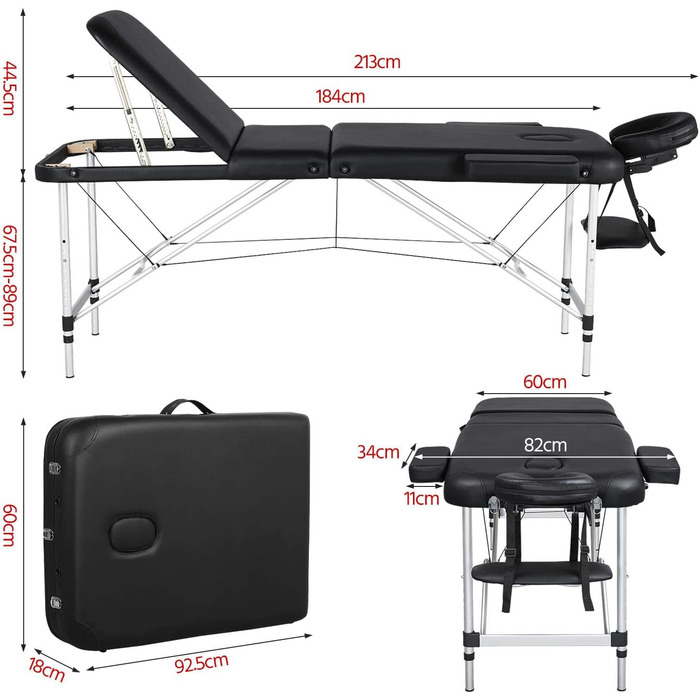Масажний стіл Yaheetech Масажне ліжко Розкладний терапевтичний стіл Масажний стіл 3 зони Ергономічний масажний стіл з підголівником і підлокітниками, шириною 70 см, (213 x 82 см, чорний)