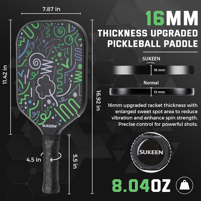 Весло Sukeen Pickleball T700, карбон 16 мм, зелений