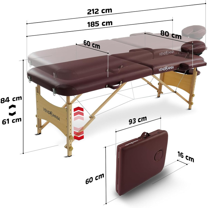 Масажний стіл VENDOMNIA 2 зони, дерево, регульований, бордовий