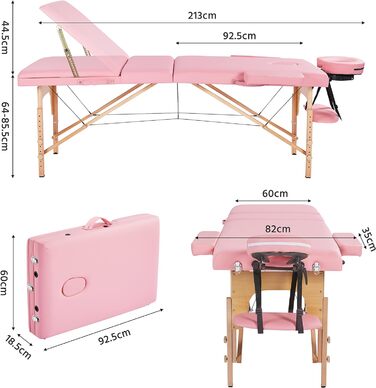 Зонний масажний стіл Yaheetech Портативна масажна лава з регульованим по висоті масажним столом з підголівником і знімними підлокітниками для фізіотерапії, (світло-рожевий), 3-