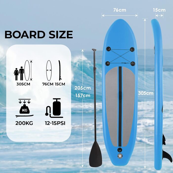 Надувна SUP дошка для веслування 10FT з аксесуарами: регульоване весло, насос, рюкзак, страховий шнур, для дорослих, до 200 кг, для водних видів спорту