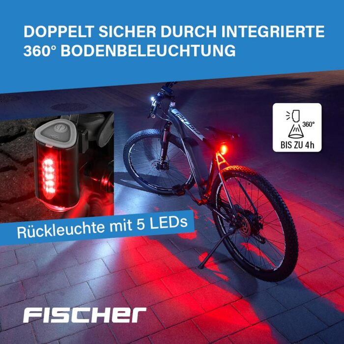 Велосипедний LED набір освітлення FISCHER Twin з 360° підсвіткою для безпеки, передня фара 60 Люкс