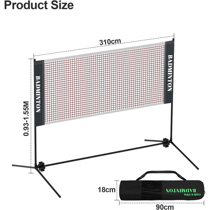 Сітка для бадмінтону Ollewiellan, волейбольна сітка, регульована по висоті підставка та сумка для перенесення, легко збирається та розбирається, ідеальна спортивна сітка для тенісу, бадмінтону або волейболу (310 см)
