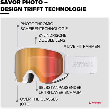 Гірськолижні окуляри ATOMIC Savor Photo I Вуличні окуляри зі 100 захистом від ультрафіолету I Лижні окуляри з фотохромною лінзою I Спортивні окуляри зі стійким до подряпин покриттям I Великі окуляри для сноуборду (білі)