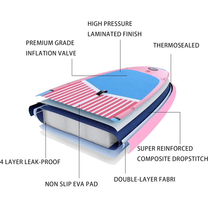 Надувна SUP-дошка VIYAU, дошка для веслування стоячи, оснащена регульованим алюмінієвим веслом ручним насосом з 3 частин, 320 81 15 см (левово-рожевий)