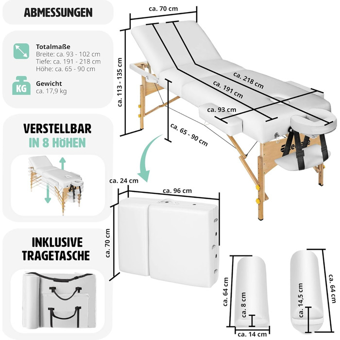 Мобільний масажний стіл tectake з 3 зонами, складний, з оббивкою 7,5 см, з навантаженням до 250 кг, масажна лавка з сумкою для аксесуарів, повний і половинний рулон, мобільні меблі для масажу - білі