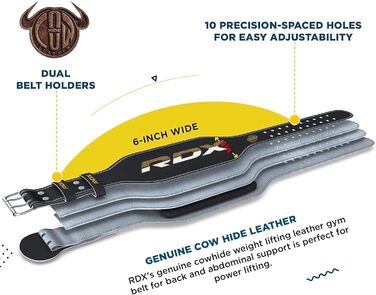Шкіряна пряжка RDX для важкої атлетики, 6 дюймів, 10 отворів, чорний, 2XL (39-44 дюйми)