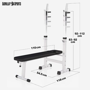 Лава для ваги GORILLA SPORTS - в т.ч. набір гантелей 38/70/100кг, полиця, станція занурення, регульована по висоті, складана, до 200кг, чорна/біла - тренувальна лава з набором штанги, лава для штовхання, похила лава, плоска лава (b) біла 38 кг)