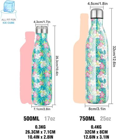 Термос для пляшки для води з нержавіючої сталі - 350/500/750 мл, герметична ізольована пляшка для води з подвійними стінками, без бісфенолу А, вакуумна вакуумна пляшка для дітей, бігу, їзди на велосипеді, кемпінгу, роботи (зелені квіти, 750 мл)