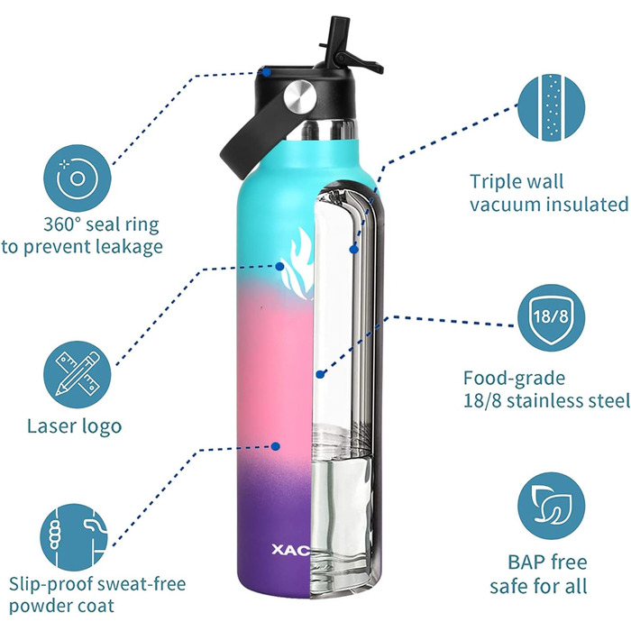 Пляшка для пиття XACIOA з нержавіючої сталі - 500 мл, 750 мл, 1 л, герметична колба термоса з соломинкою, герметична ізольована пляшка без BPA, пляшка-термос з подвійними стінками для спорту, фітнесу (750 мл, гортензія)