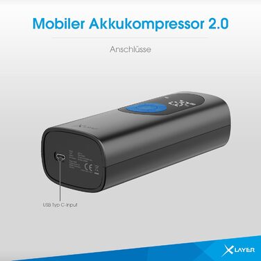 Електричний компресор XLayer 6000 мАг для авто, велосипедів, мотоциклів, матраців і м'ячів, з LED-ліхтариком, портативний, LCD-дисплей, тиск 2.0–10.0 бар, чорний/синій