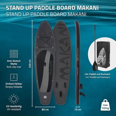Надувна SUP-дошка ECD Germany Makani 320 см, до 150 кг, з регульованим алюмінієвим веслом і повним комплектом аксесуарів, різні кольори