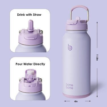 Пляшка Ізольована пляшка для води, 950 мл, нержавіюча сталь, спортивні пляшки для води з соломинкою, кришка подвійного використання, пляшка для води, дизайн для тренажерного залу, з коробкою для таблеток (світло-фіолетовий)