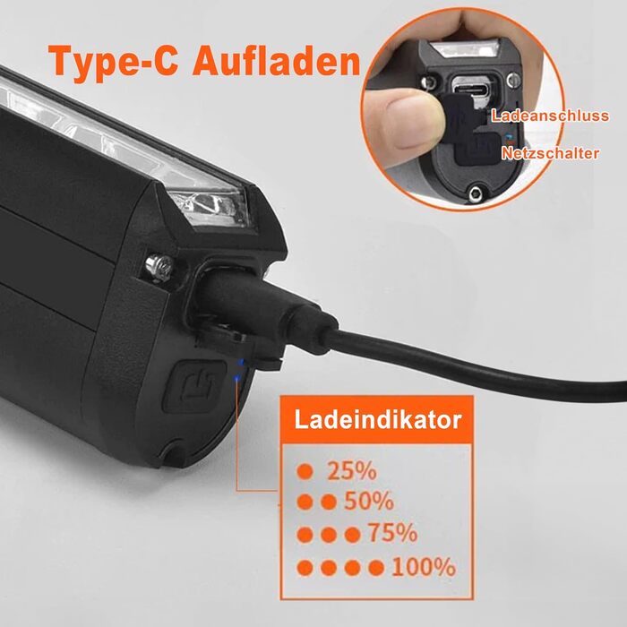 Світлодіодна велосипедна фара Glückpa 1400 Люмен, 4500 мА·год, надяскрава, USB-C, 5 режимів, стандарт StVZO