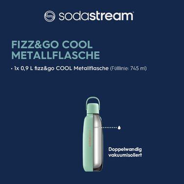 Металева пляшка SodaStream Fizz&go COOL 0,9 л, м'ятна, сумісна з Duo, E-Duo, Terra, для газованої води, тримає температуру до 12 годин, можна мити в посудомийці, BPA Free