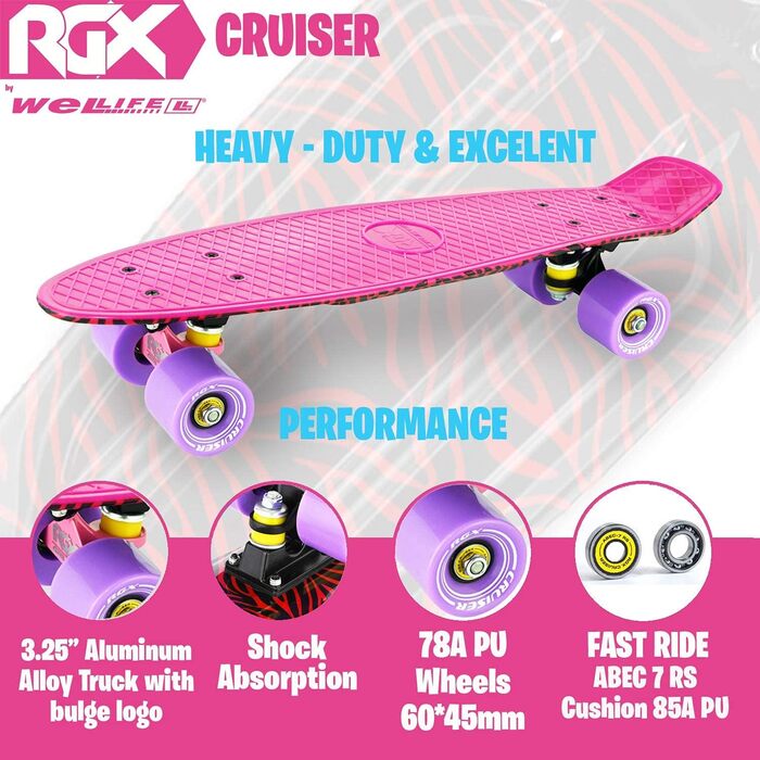 Скейтборд WeLLIFE Mini Cruiser RGX Рожевий 22 для підлітків, 78A PU, ABEC-7RS