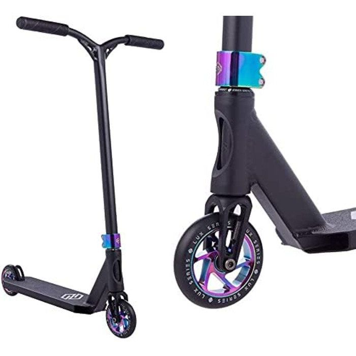 Трюковий самокат Striker Lux H87см Педаль Park Trick Scooter Light 3,1кг наклейка Fantic26 чорна Rainbow Neochrome