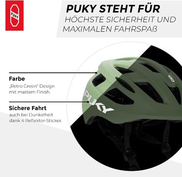 Шолом PUKY Дитячий велосипедний шолом S 48-55 см/М 54-58см Легка вага 220 г Максимальний захист і вентиляція Видимість на 360 через світловий модуль Ідеально підходить для безпеки та комфорту на велосипеді Green M