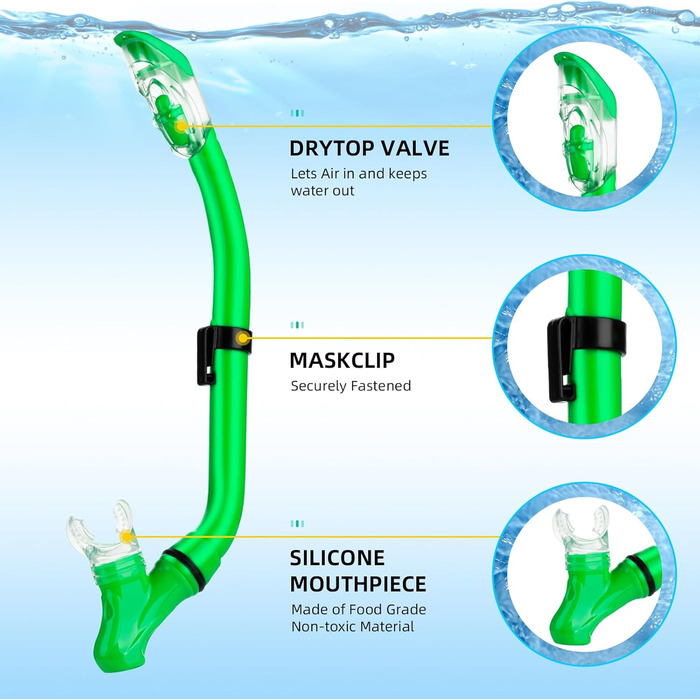 Набір трубок для дітей, Окуляри для дайвінгу та сухі трубки, Дитячі окуляри з легким диханням Суха трубка, Маска для дайвінгу Panoramic View Маска для підводного плавання Набір для дайвінгу (зелений)