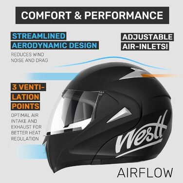 Мотошолом Westt інтеграл ECE-R 22.06 для скутера та мопеда з сонцезахистом, візиром і підборідним захистом, для чоловіків та жінок