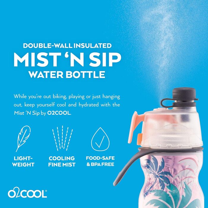 Пляшка для води O2COOL Mist 'N Sip 2в1 з функцією туману та пиття без протікання (рожева пальма)